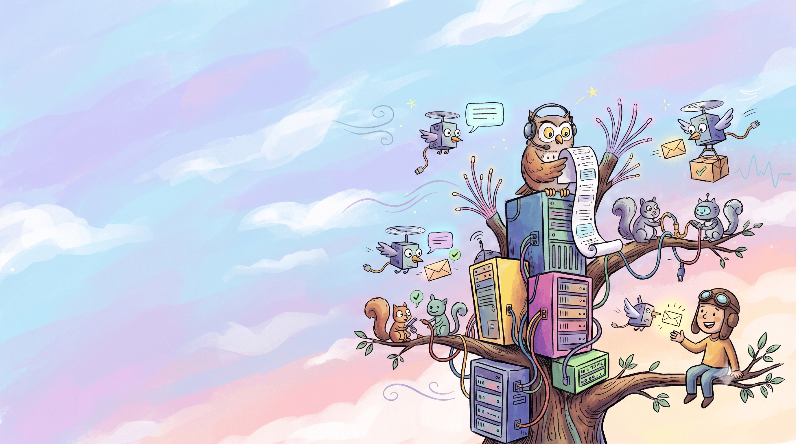 Customer service AI agents working on tree illustration