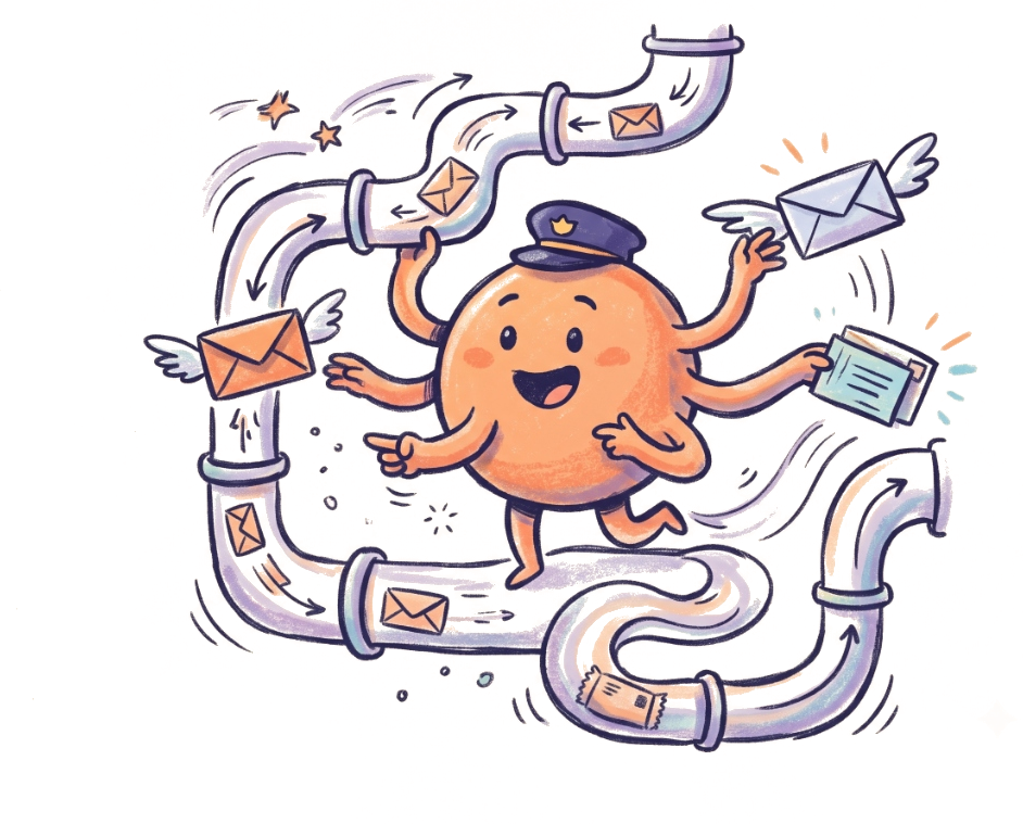 Cartoon dispatcher running across message pipelines delivering instant transaction requests
