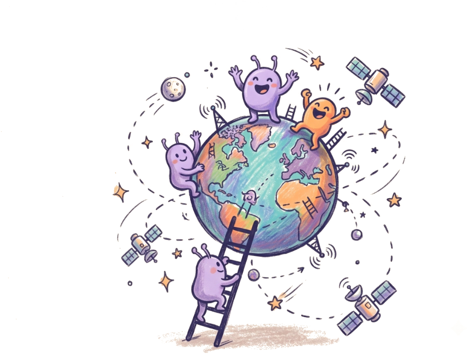 Cartoon alien helpers connecting globally across the earth