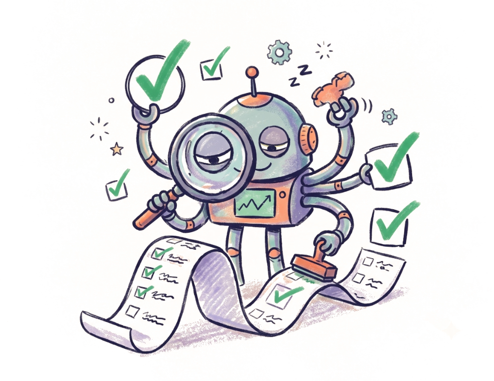 Cartoon robot auditing execution logs and stamping checklist approvals