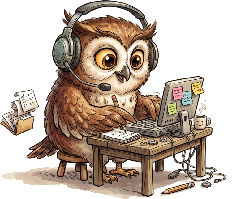 Cartoon owl working as a customer support specialist
