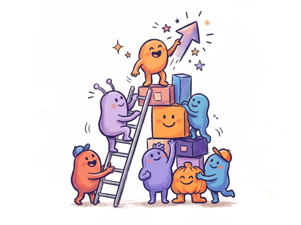 Cartoon team stacking building blocks toward a glowing resolution arrow