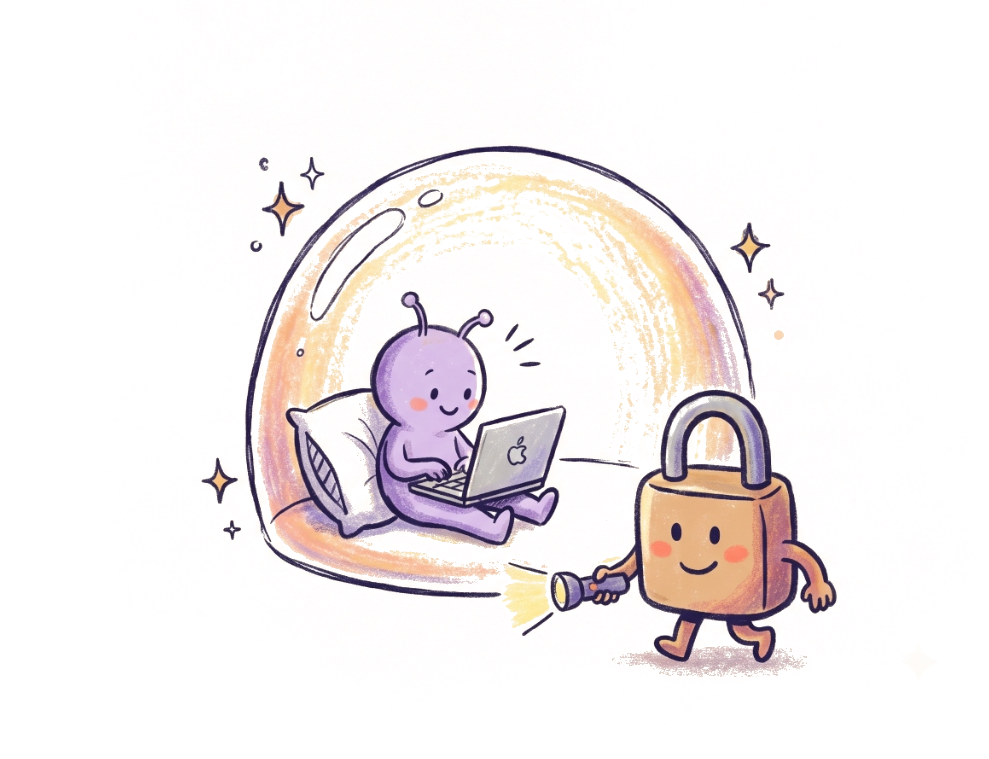 Cartoon alien safeguarded in an isolated secure bubble guarded by a friendly padlock